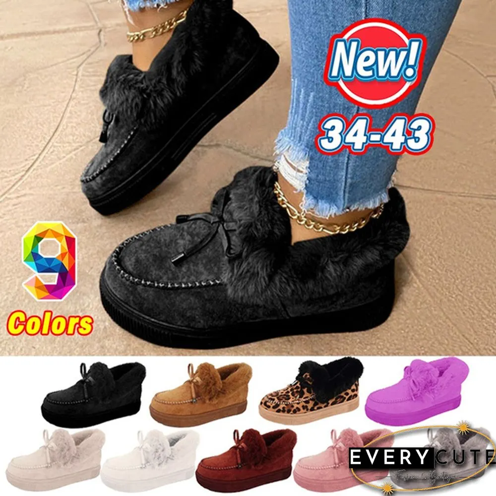 Fashion Womens Bowknot Suede Faux Fur Moccasin Shoes Casual Warm Comfortable Lightweight