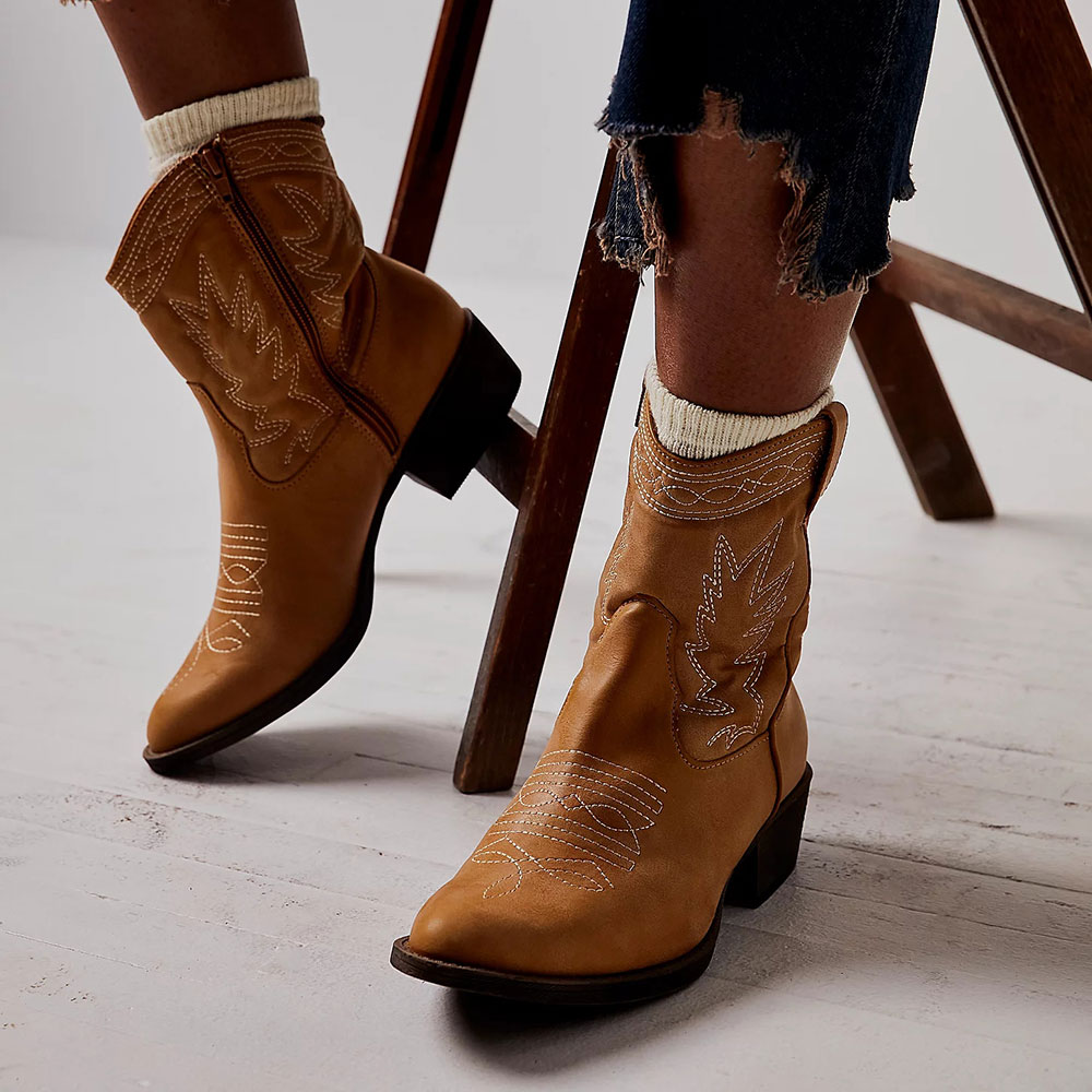 Brown Round Toe Chunky Heel Embroidered Cowgirl Ankle Boots Nicepairs