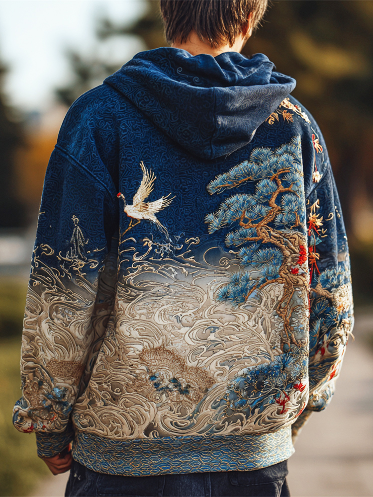 Japanese Pines & Birds Embroidery Art Men's Hooded Sweatshirt  artssus