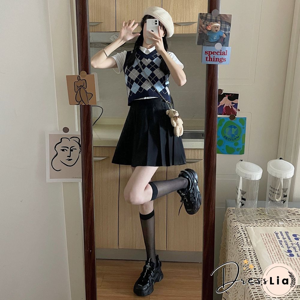 Checkered Cropped Knitted Tank Argyle Sleeveless Jumper