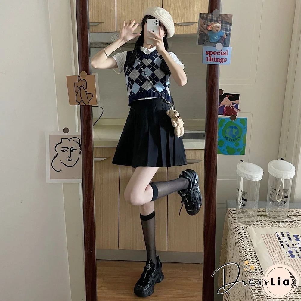 Checkered Cropped Knitted Tank Argyle Sleeveless Jumper