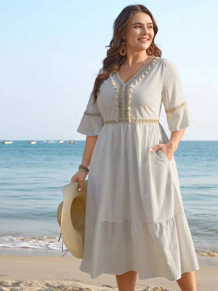 Tassel Textured Stretchy Waist Pockets Midi Dress