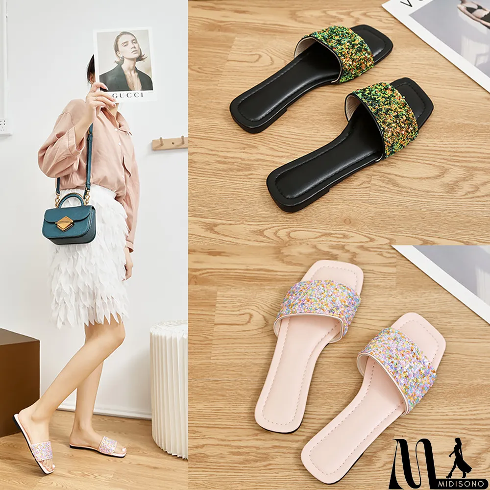 MidiSono - Plus Size Soft Sole Slippers Women Summer Outdoor Wear Flat Sequined Flip Flop Square Toe Flat Sandals and Slippers
