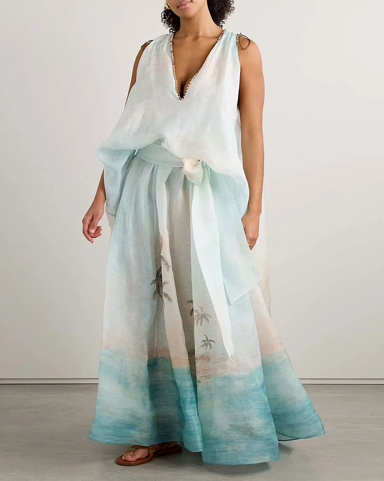 Illuminate bead-embellished printed linen and silk-blend gown