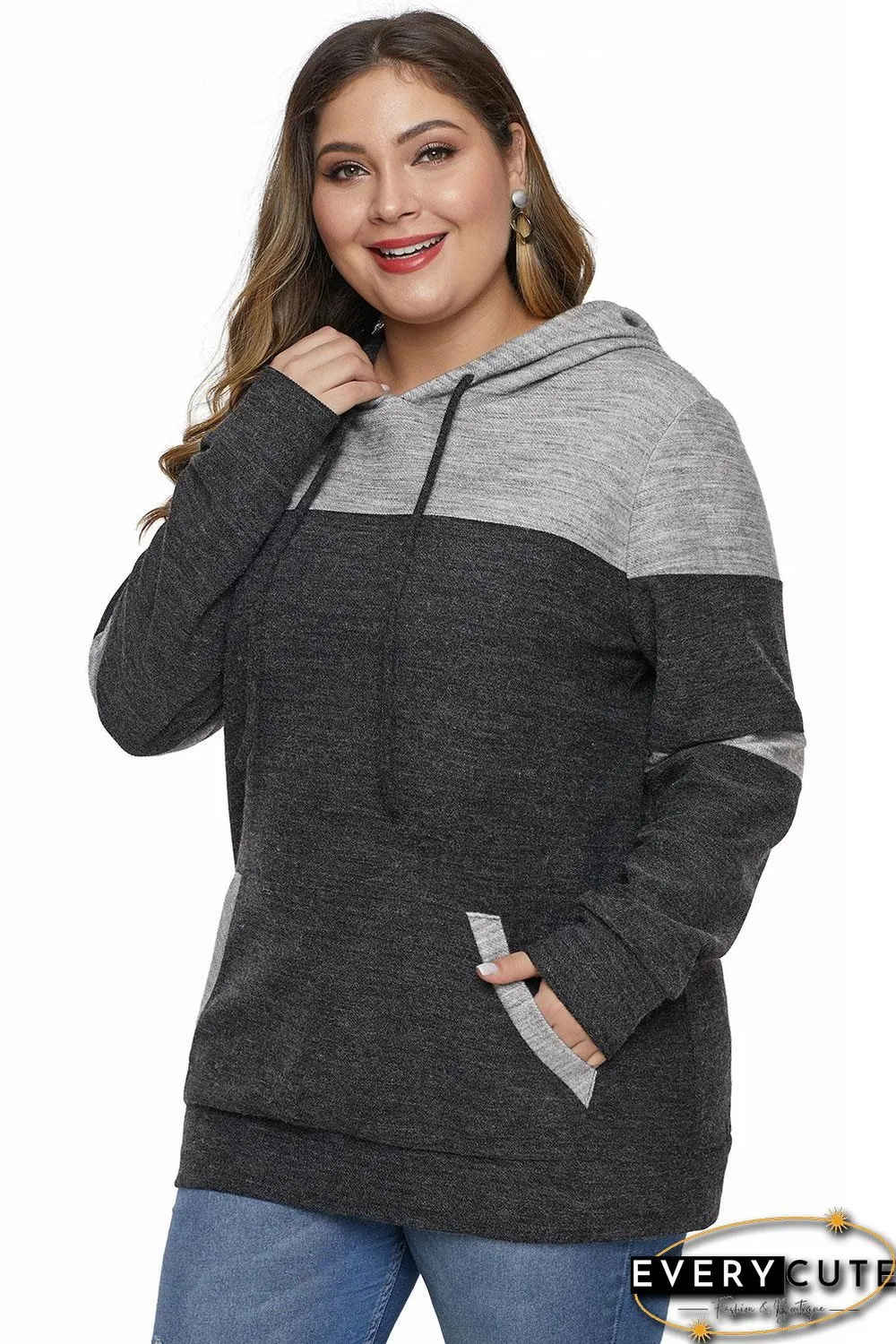 Black Color Block Pullover Plus Size Hoodie with Pocket