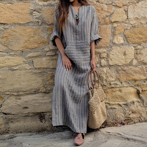 Trendy Cotton Linen Long Sleeve Striped Boho Maxi Dress