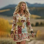 Women's Vintage Patchwork Floral Art Cozy Knit V Neck Mini Sweater Dress - Image 2