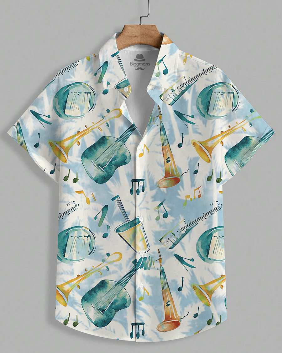 Men's Plus Size Hawaiian Blue Coconut Tree Musical Print Short Sleeve Shirt