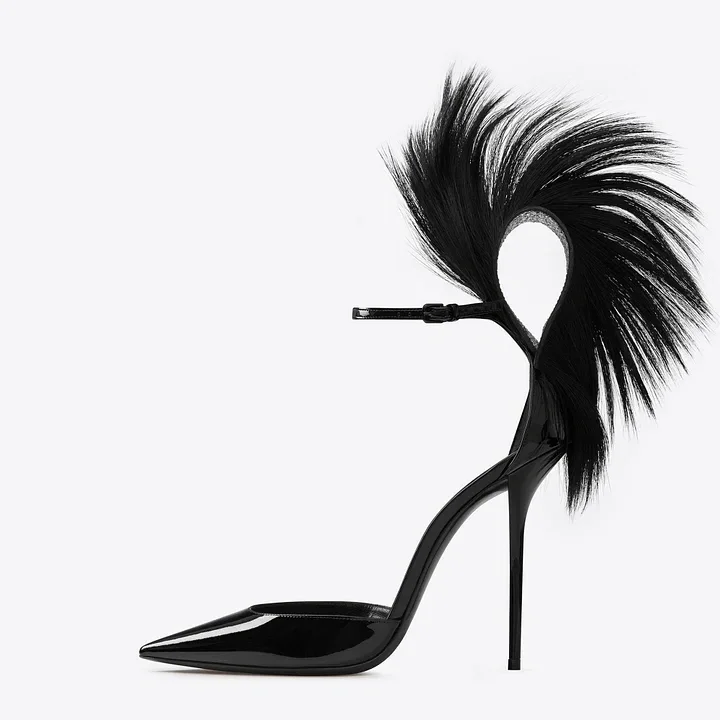 Black Fur Ankle Strap Closed Toe Sandals, Patent Leather Vdcoo