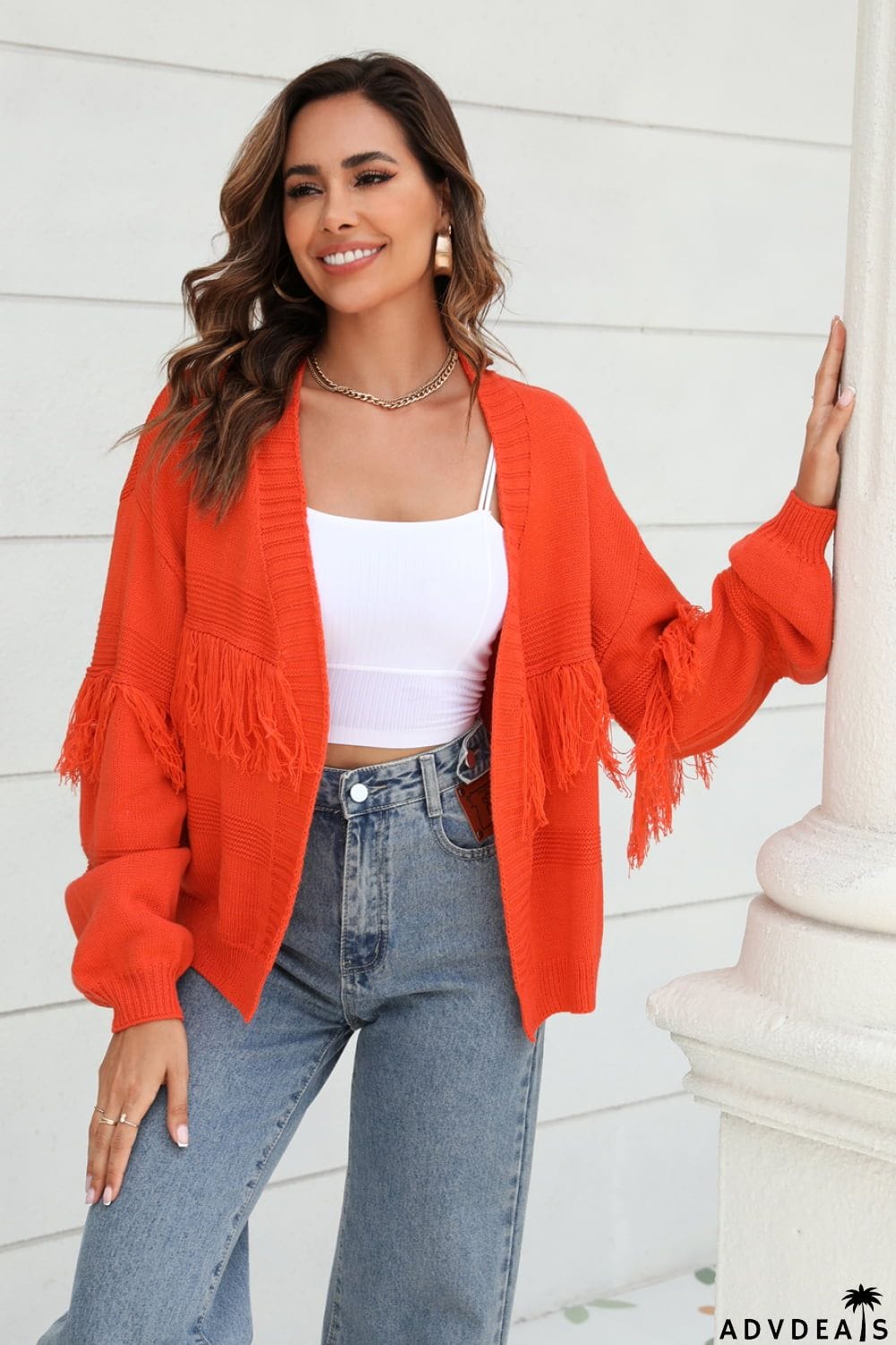 Fringe Trim Open Front Cardigan