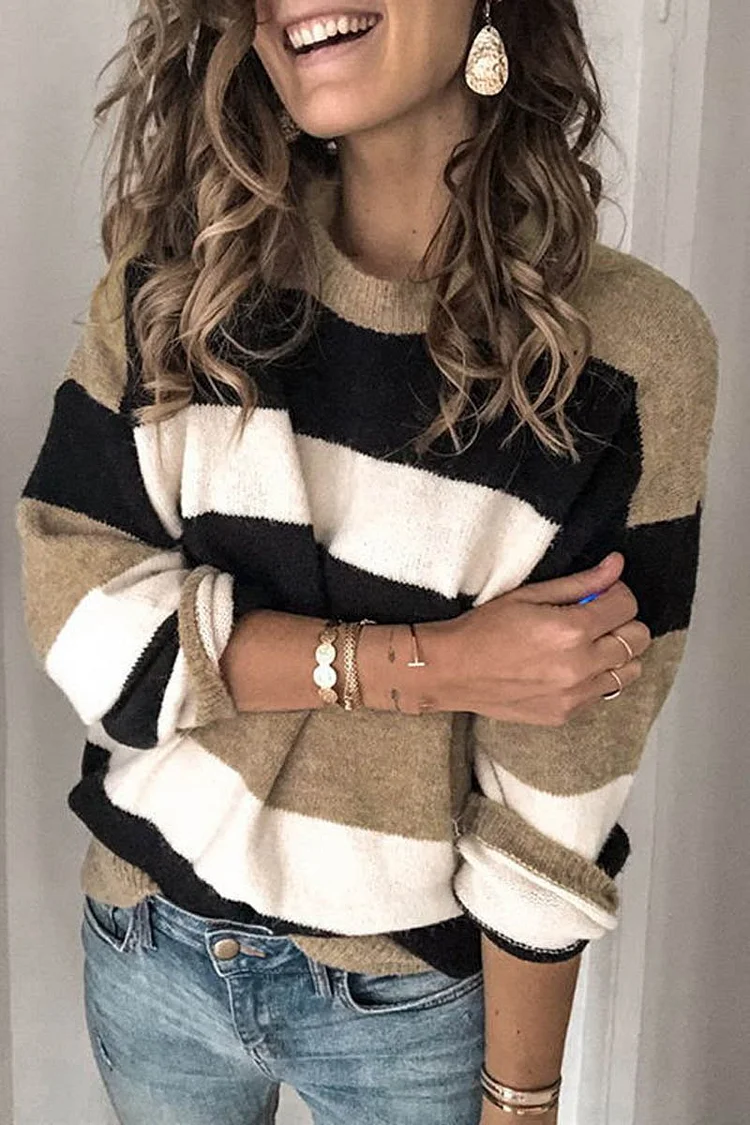 Striped Round Neck Contrast Sweater