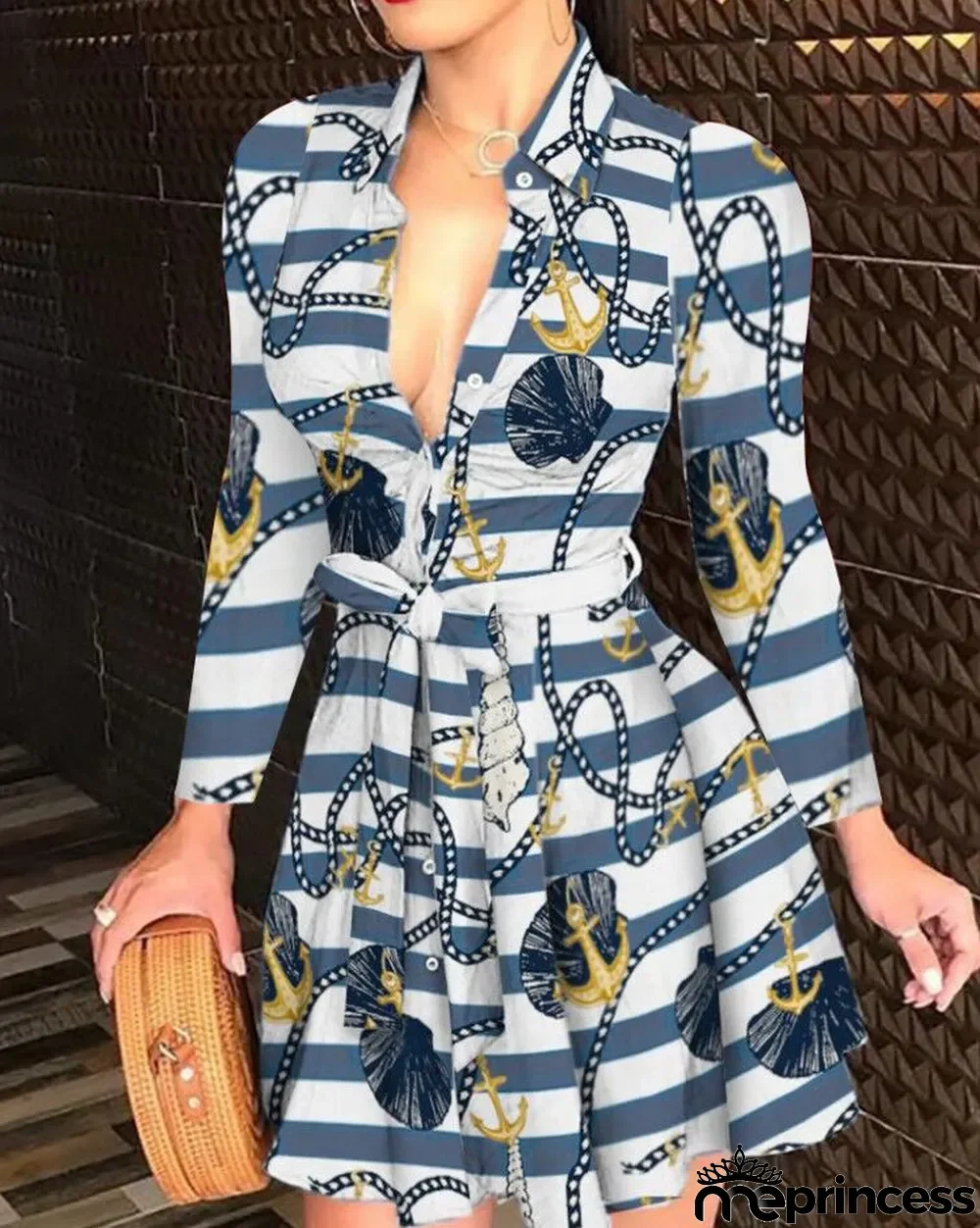 Autumn Casual Chains Print Skater Dress with Belt