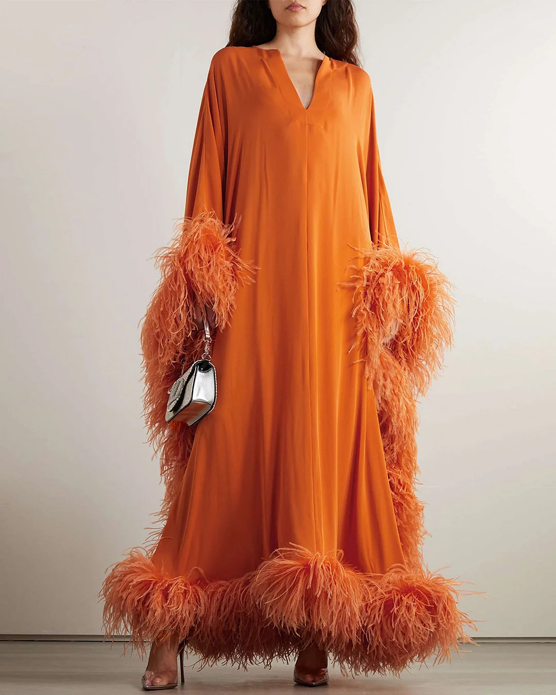 Feather Trimmed Draped Crepe Gown
