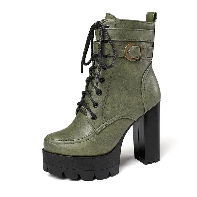 Gdgydh 2021 Russian Hot Sales Women Shoes Thick Platform High Heel Female Ankle Boots Round Toe Lace up Zipper Motorcycle Boots