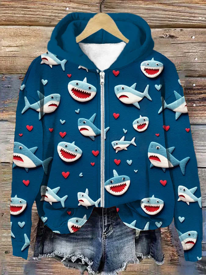 Valentine Gift Love Heart Shark Art Print Hooded Zipper Sweatshirt