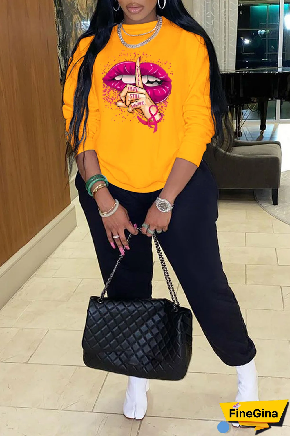 Blue Casual Street Lips Printed Patchwork O Neck Tops