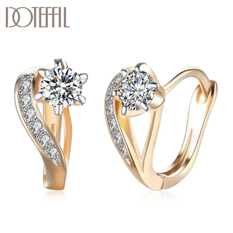 DOTEFFIL 925 Sterling Silver AAA Zircon Heart-Shaped 18K Gold Earrings Fashion Woman Jewelry