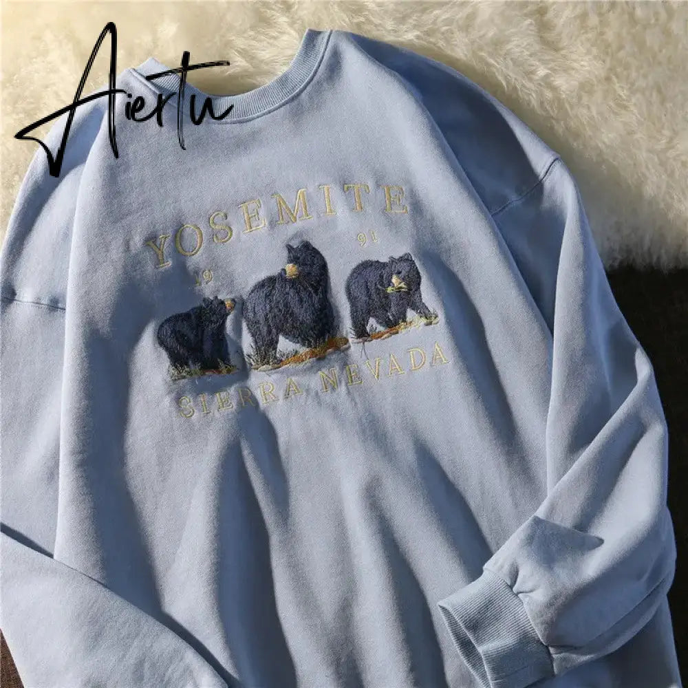 Vintage Bear Embroidery Sweatshirts Women Harajuku Streetwear Casual Long Sleeve Crewneck Oversized Fashion Hoodie Korean Girls Aiertu