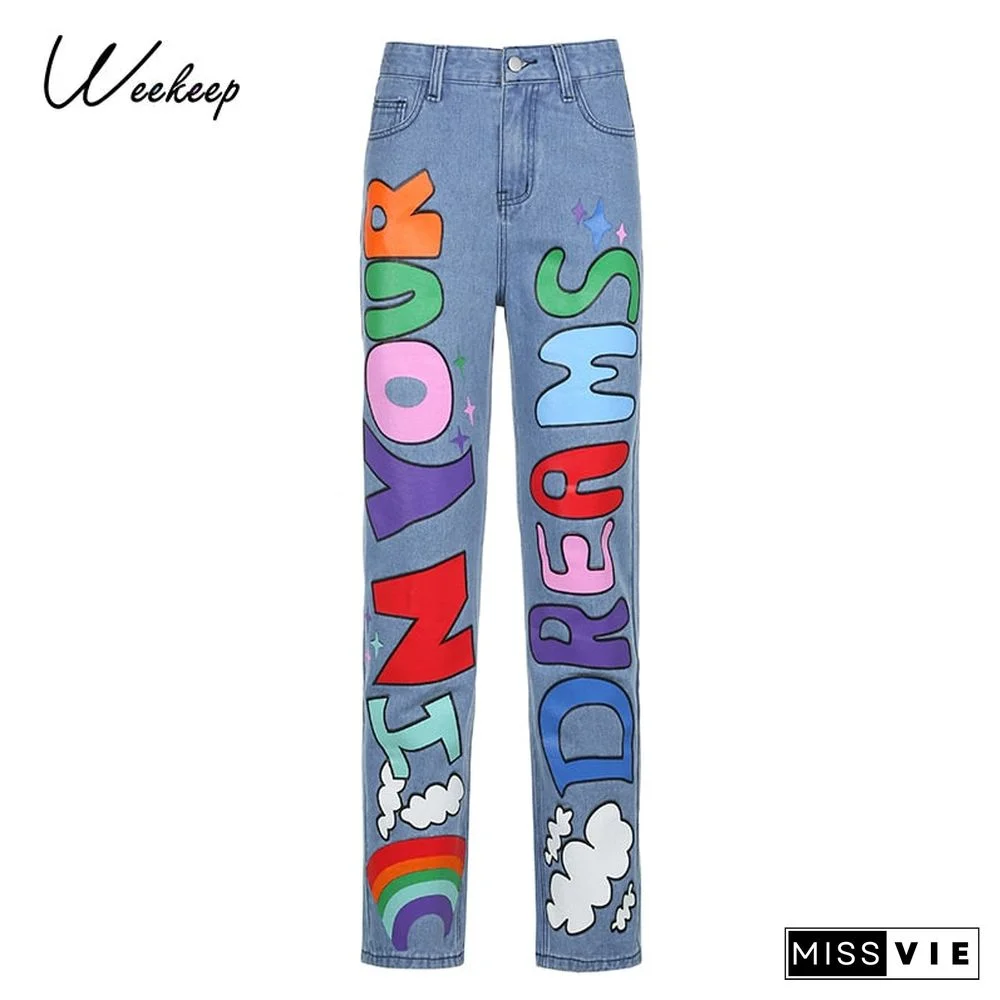 Weekeep Letter Print Fashion Streetwear Jeans Women High Waist Baggy Vintage Straight Trousers Leisure Female Cargo Denim Pants