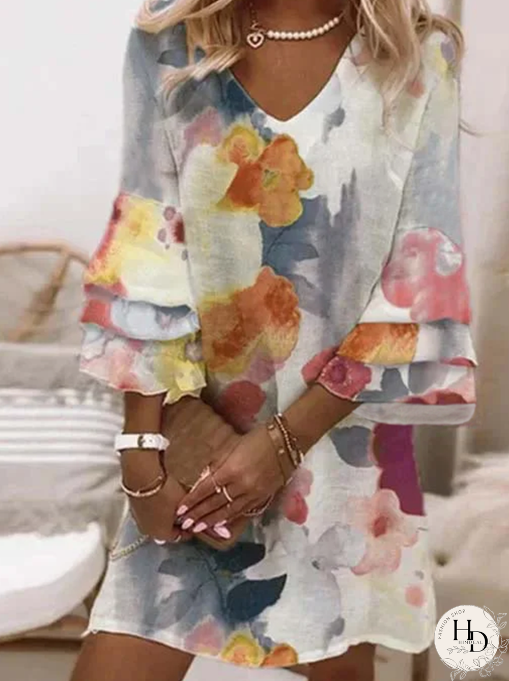 Casual V neck Floral Three Quarter Woven Dress