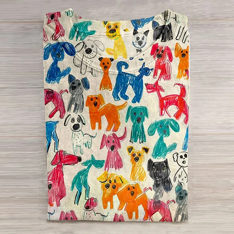 Cute Kid Drawing Dog Art Print Casual Short Sleeve T-Shirt