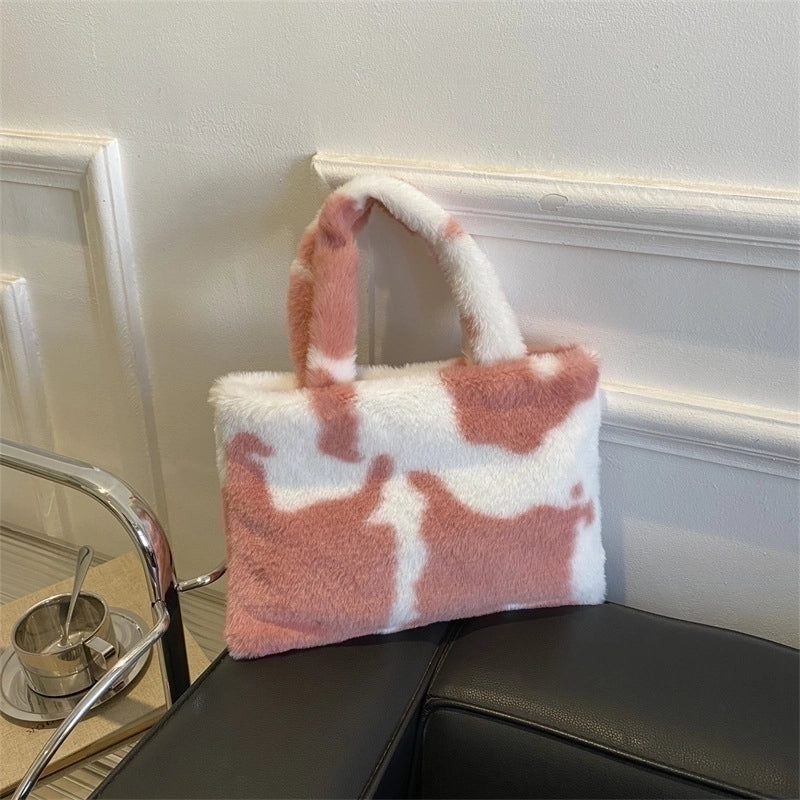 Women’s Medium Plush Color Block Streetwear Square Magnetic Buckle Handbag