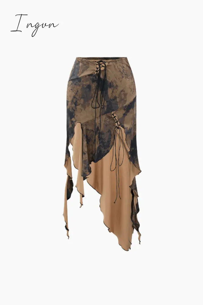Ingvn - Tie Dye Asymmetric Ruffle Hem Skirt Brown / S Skirts