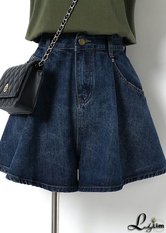 Classy Navy Pockets Patchwork High Waist Button Denim Shorts