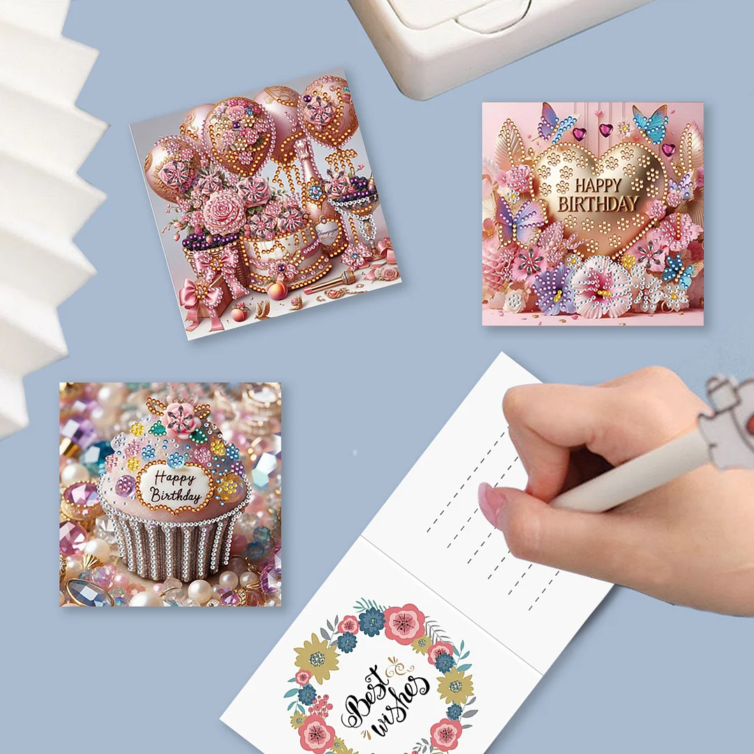 8pcs DIY Happy Birthday DIY Diamond Painting Greeting Card for Friends Family Gift【With White Envelope】