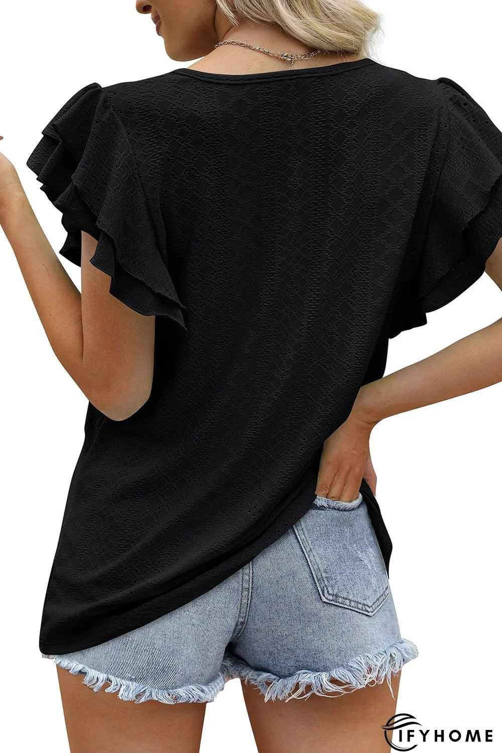 Black Rhombus Textured Ruffle Short Sleeve Blouse | IFYHOME
