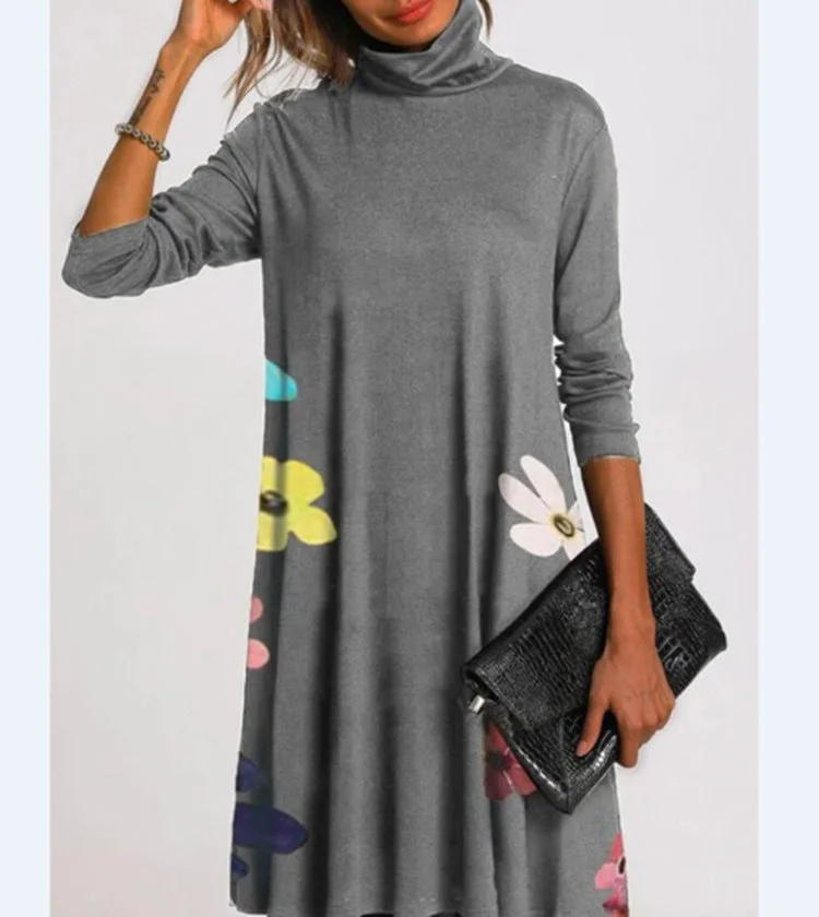 Brownm Fashion Printed Collar Long Sleeves Loose Dresses