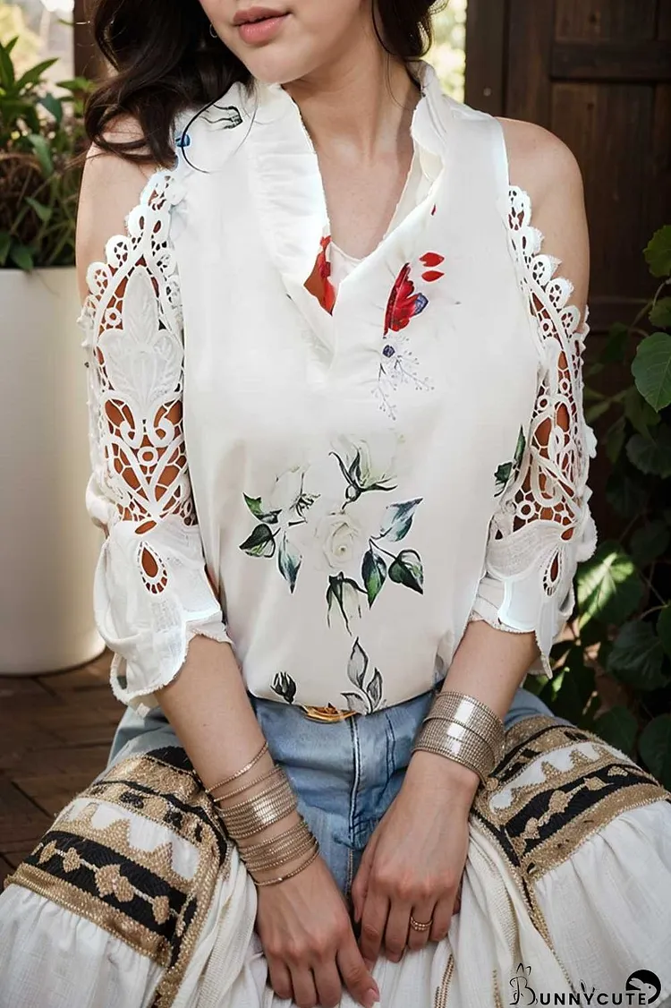 floral print off shoulder lace stitching long sleeves blouses