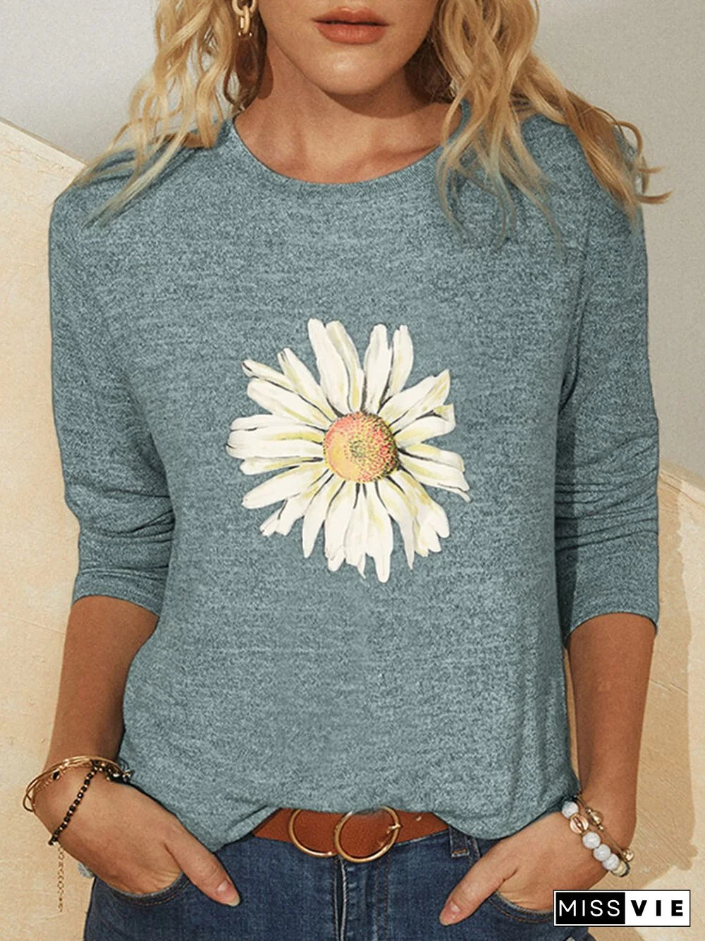 Flower Print Long Sleeves O-neck Casual T-shirt
