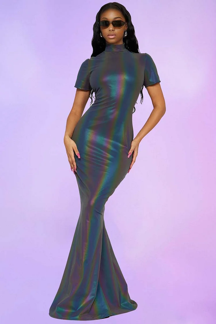 Sheen Rainbow Mock Neck Fishtail Gown Maxi Dresses [Pre Order]