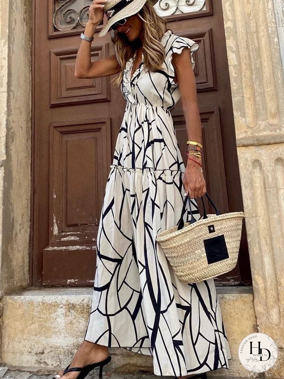 Tiered Maxi Dress with Abstract Faces