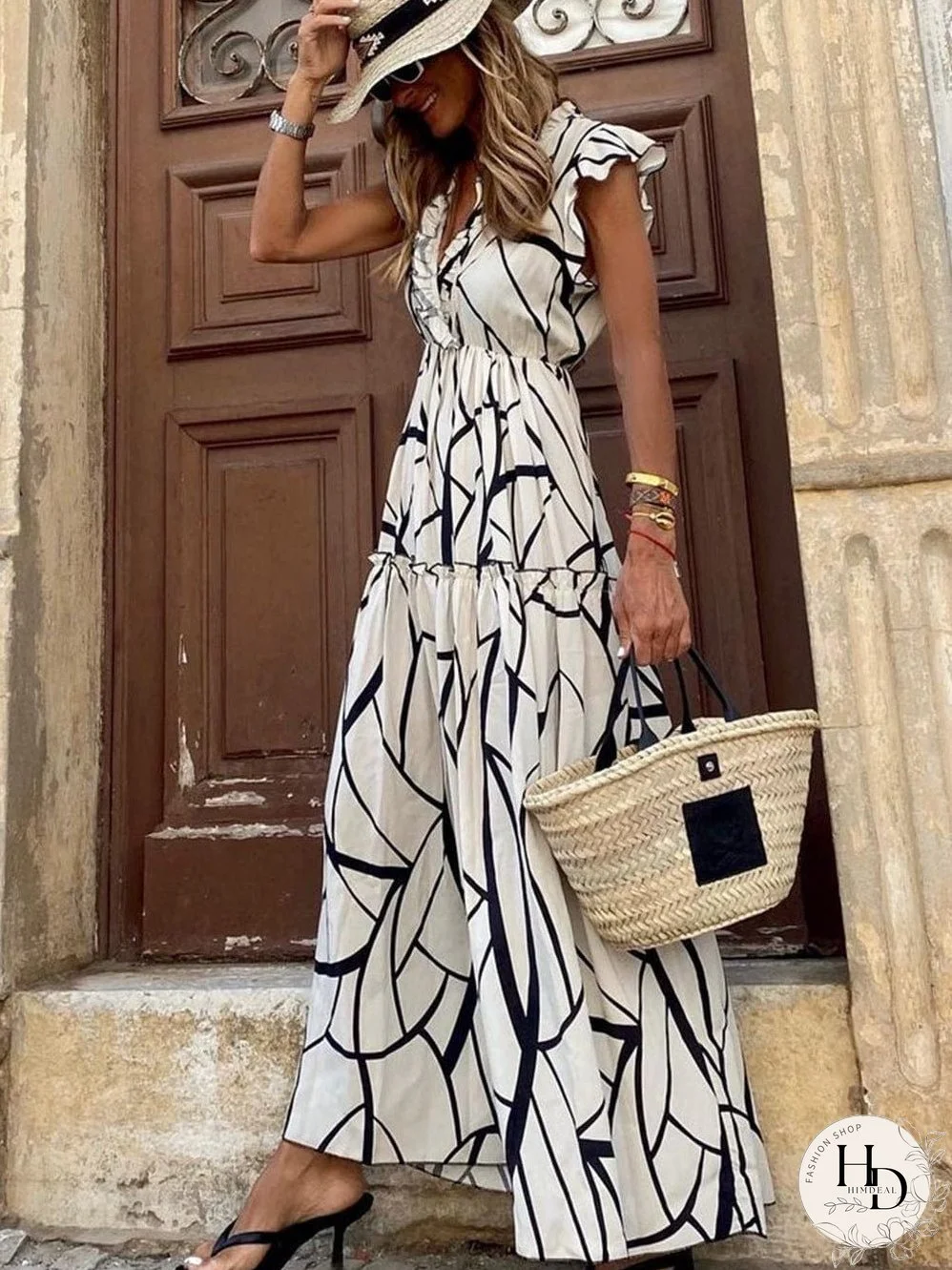 Tiered Maxi Dress with Abstract Faces