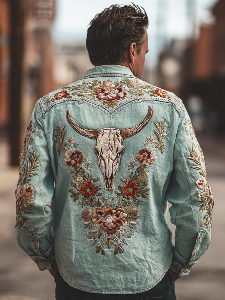 Vintage Western Bull Skull Floral Embroidered Men's Linen Long Sleeve Shirt