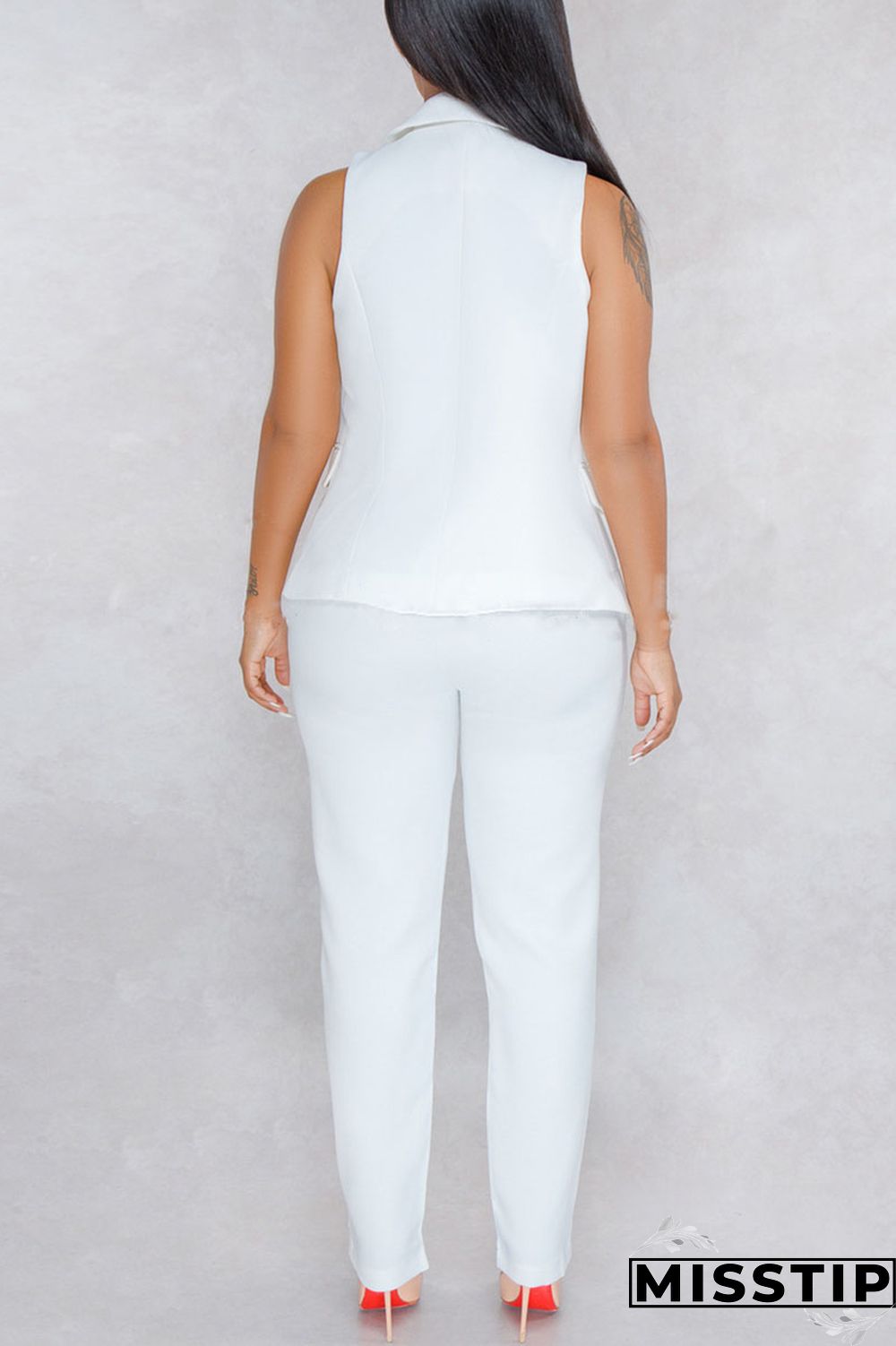 Black Casual Solid Patchwork Buttons Turn-back Collar Sleeveless Two Pieces