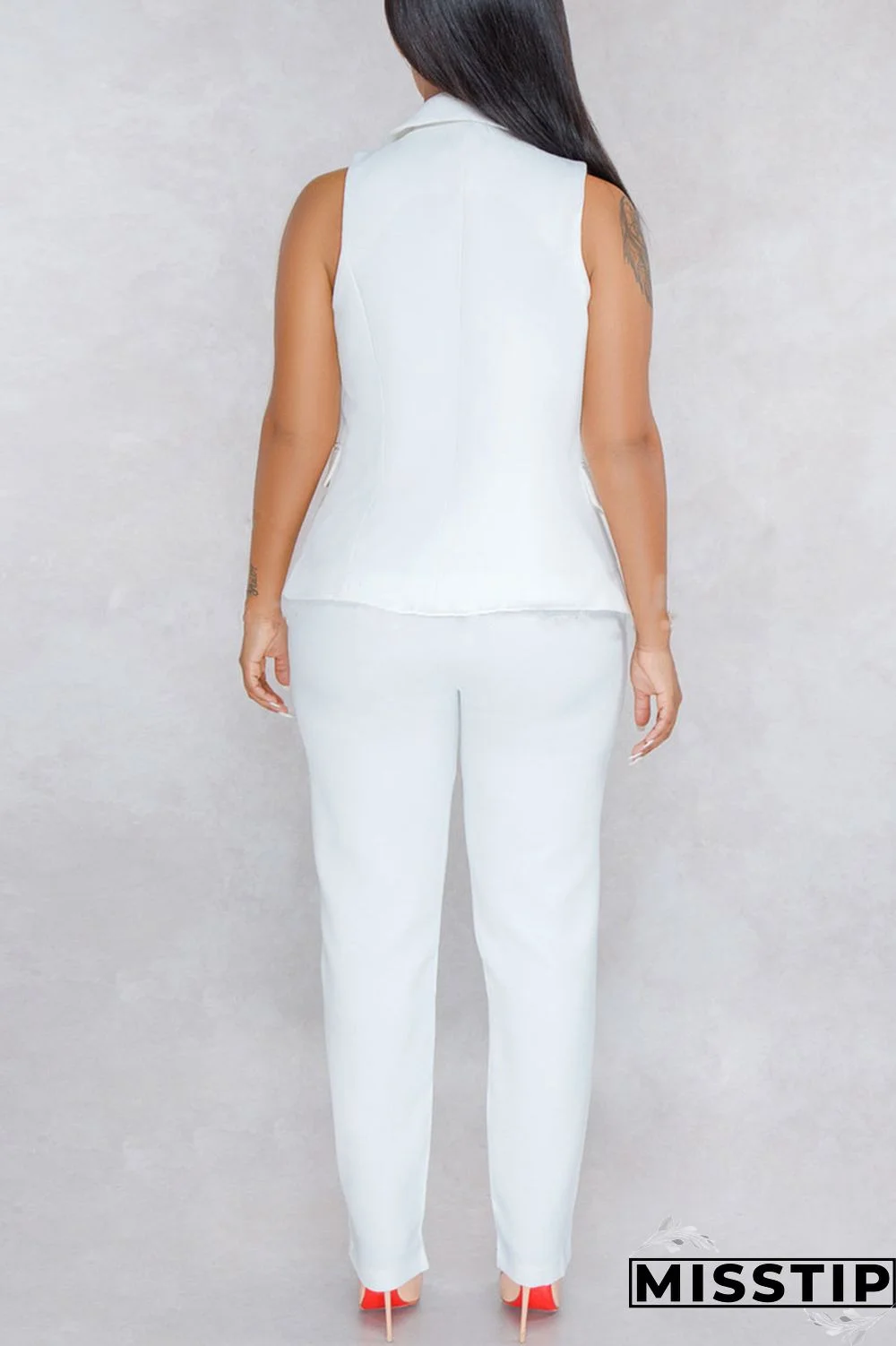 Black Casual Solid Patchwork Buttons Turn-back Collar Sleeveless Two Pieces