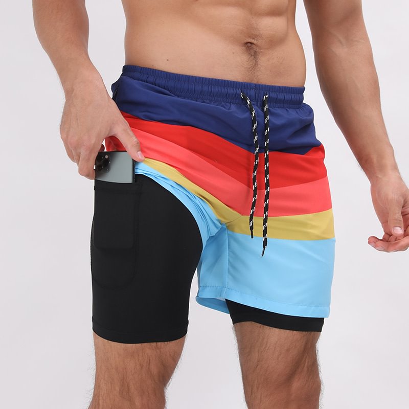 Red Stripes – Mid-Length Hybrid Gym/Swim Shorts