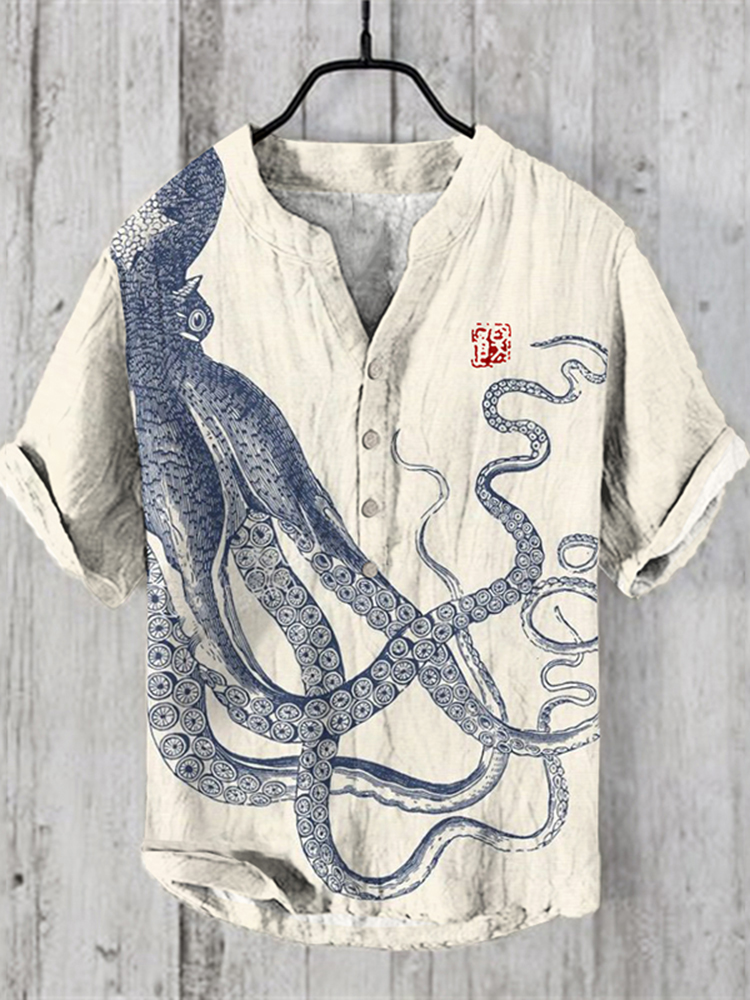 Comstylish Japanese Art Octopus Graphic Printed Short Sleeve Shirt