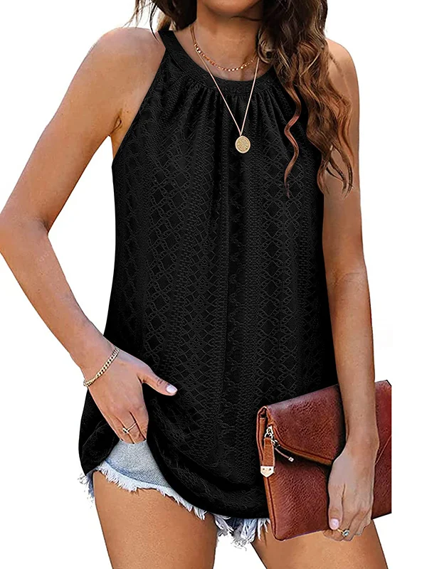 Solid Color Hollow Sleeveless Loose Round-Neck Vest Top