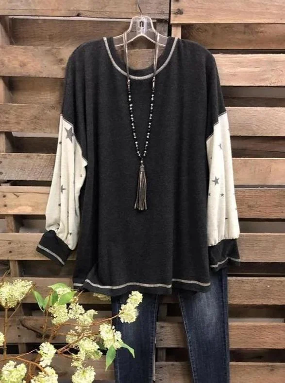 Contrasting Color Stitching Printed Five-Pointed Star Long-sleeved Round Neck Top
