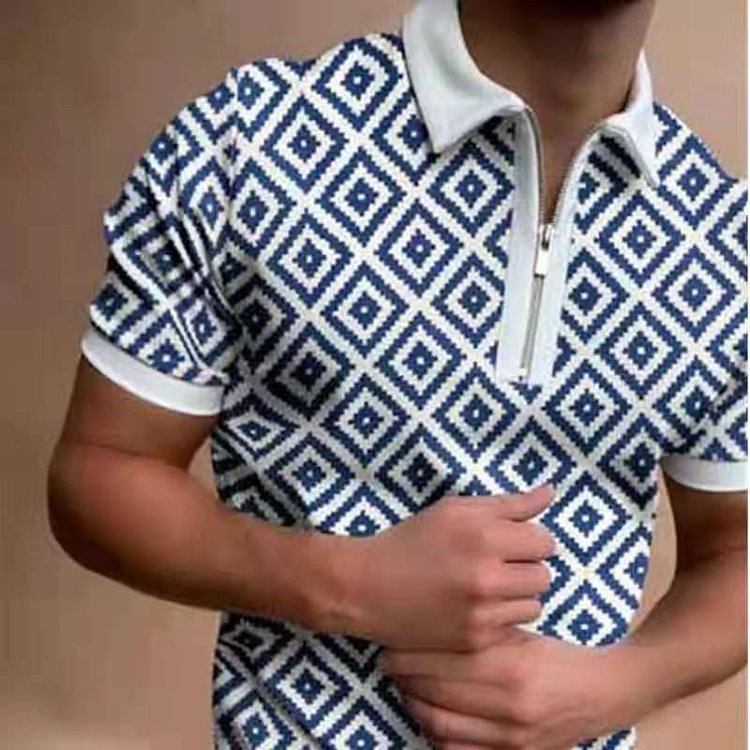 BrosWear Men's Regular Geometric Printed Short Sleeve Zip Collar POLO Shirt