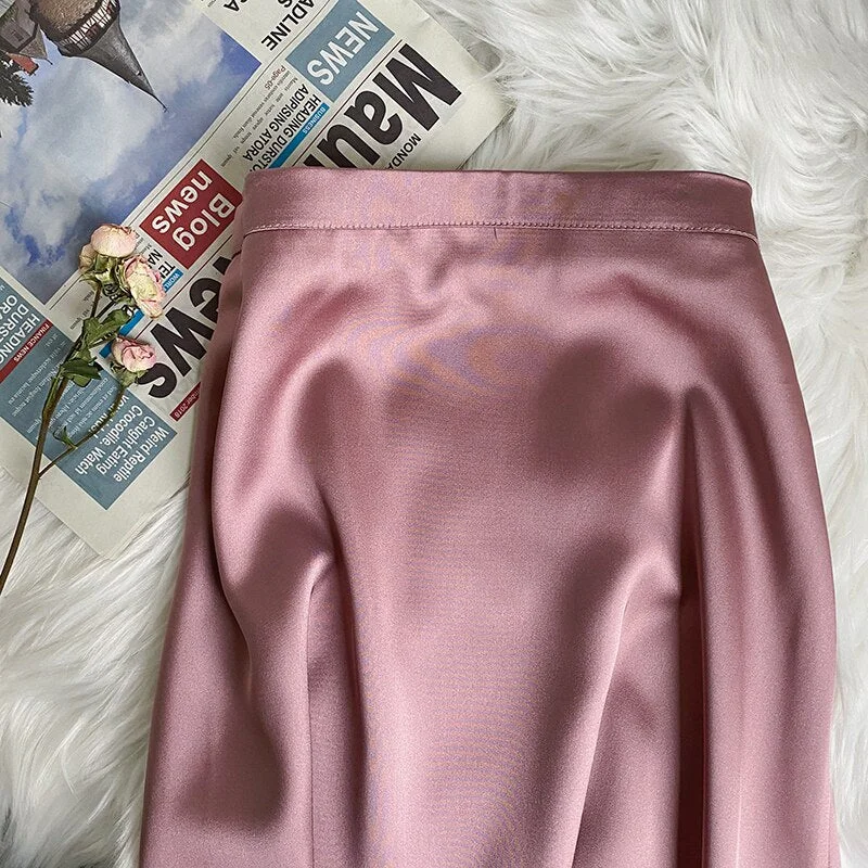 Lizkova Summer Satin Skirt Women High Waist Shiny Elegant Jupe 2021 Female Knee-lenth Casual Skirt BS001