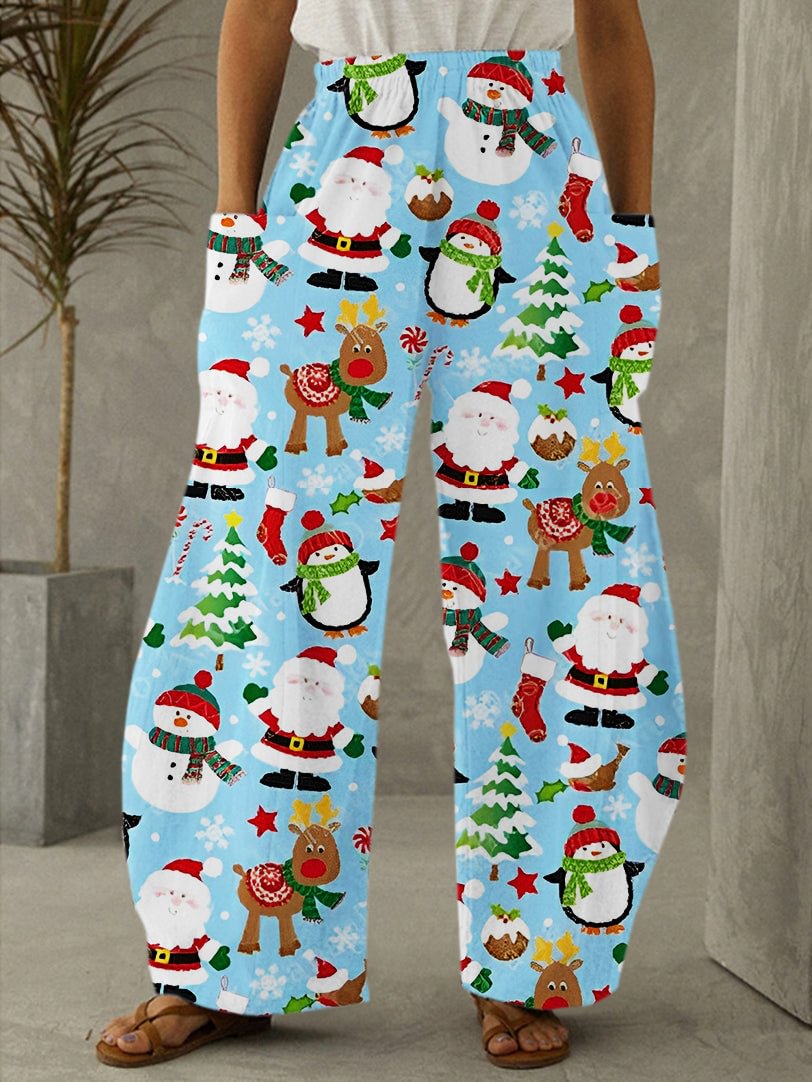 Santa Snowman Reindeer Christmas Tree Print Casual Pants