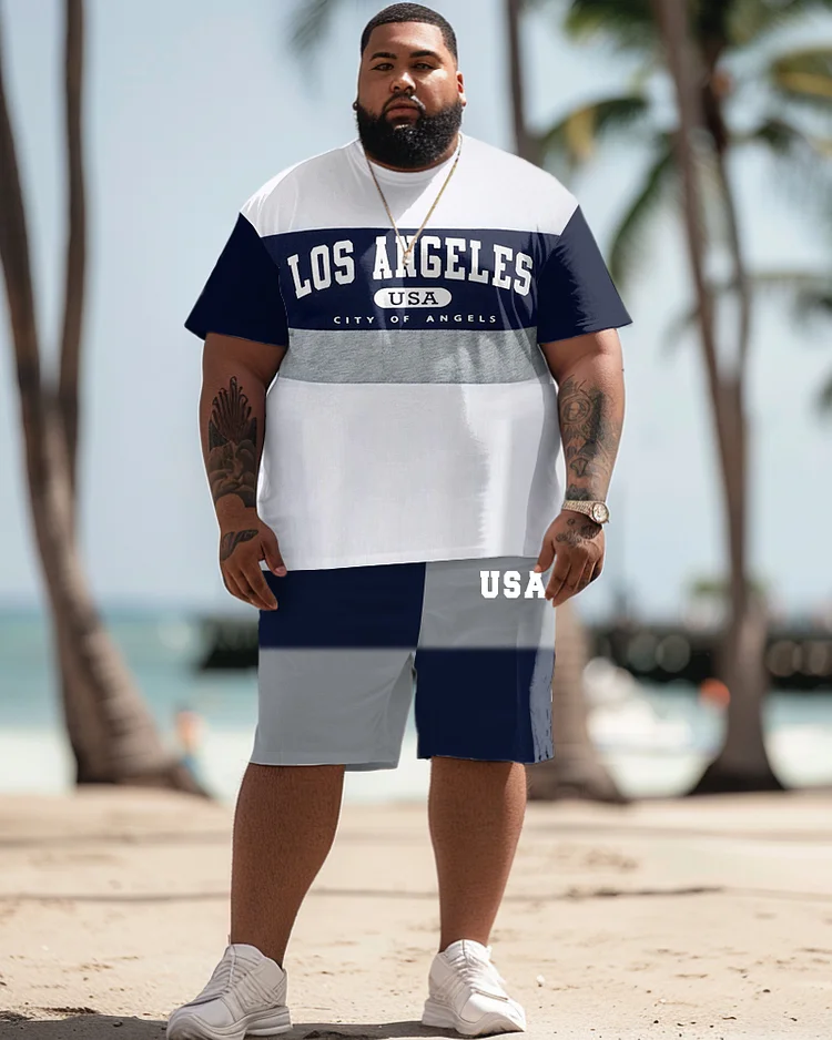 Men's Plus Size Hawaiian Simple Colorblock Alphabet Print T-shirt Shorts Suit