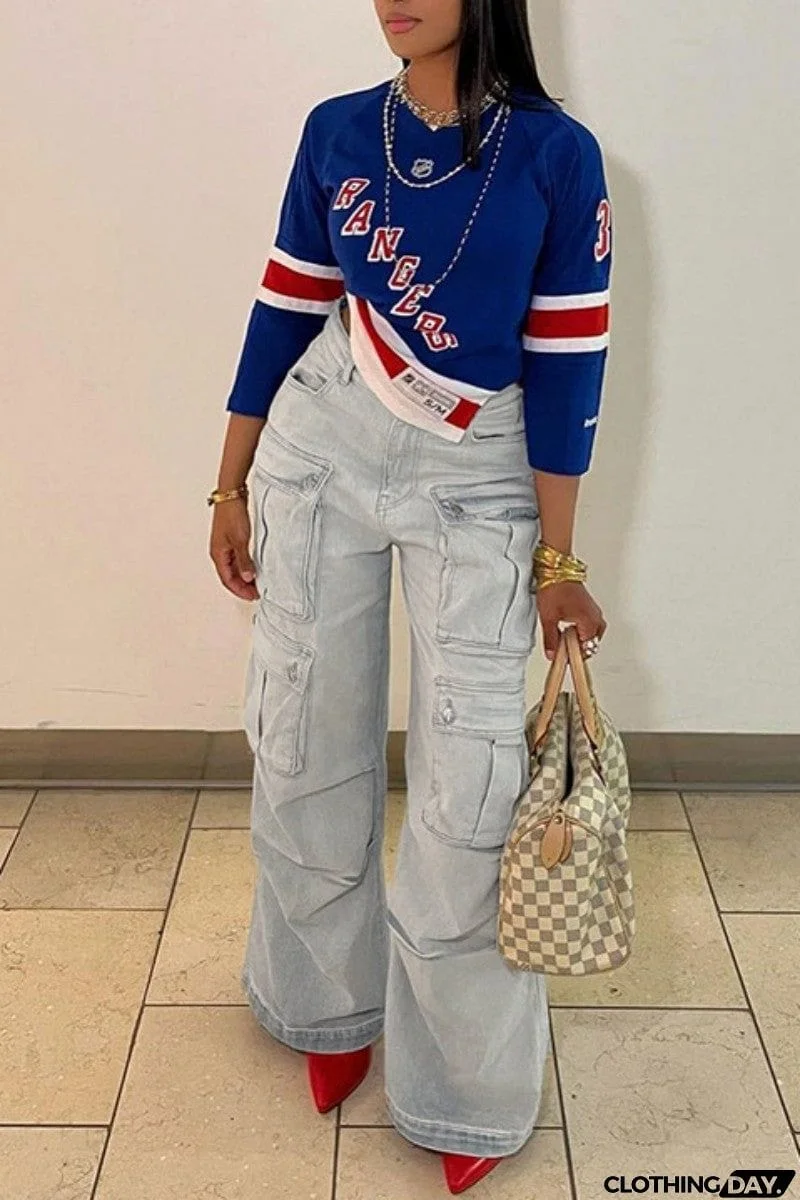 Casual Solid Patchwork High Waist Regular Denim Jeans