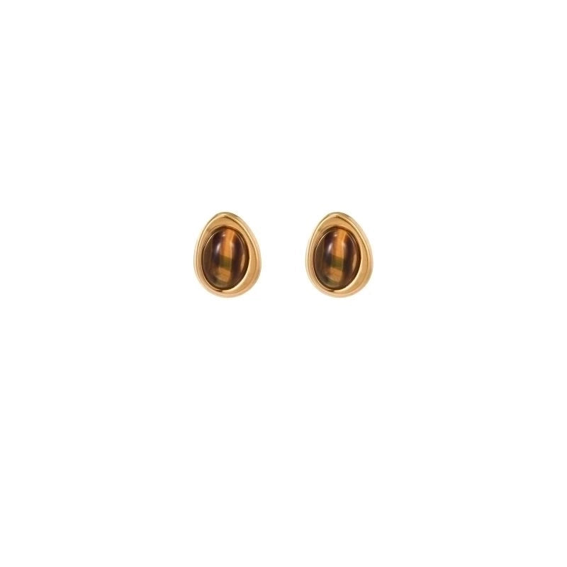 1 Pair Classical Artistic Oval Plating Inlay Stainless Steel Natural Stone 18K Gold Plated Ear Studs