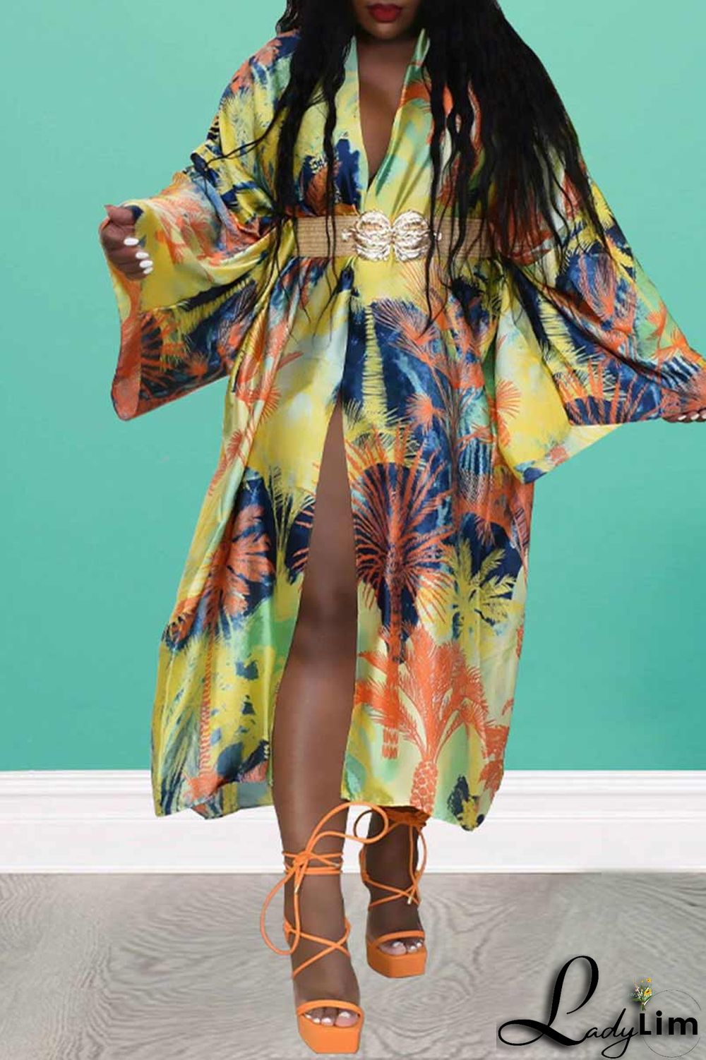 Yellow Fashion Casual Print Patchwork Outerwear(Without Belt)